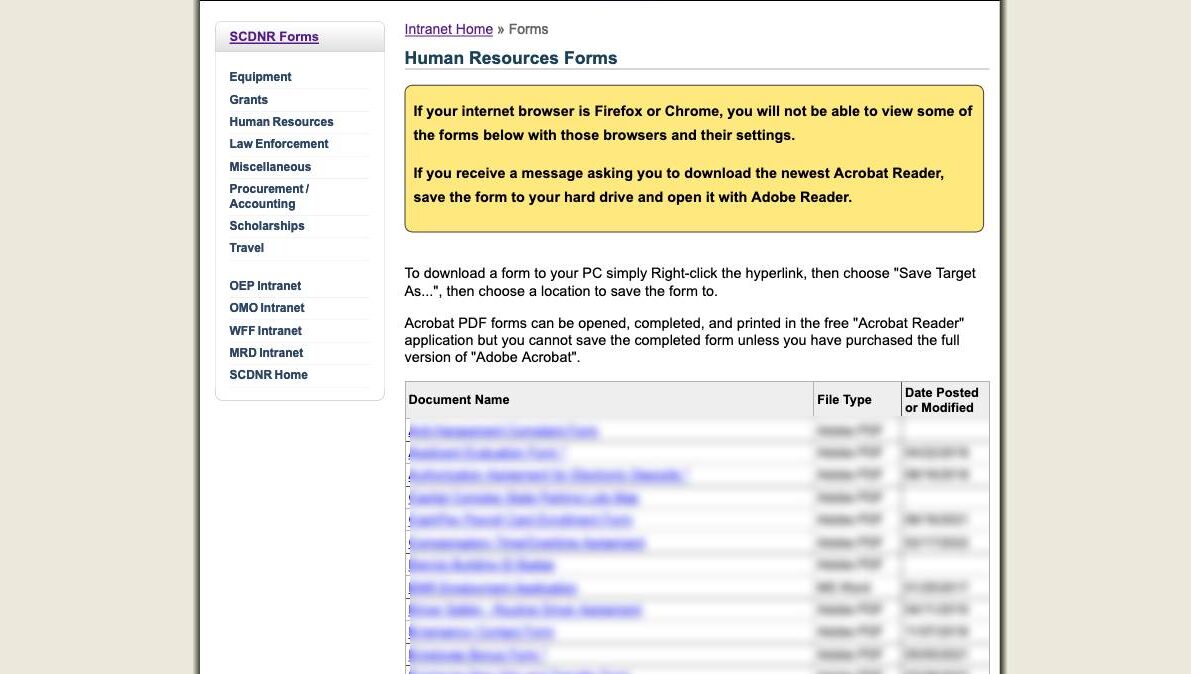 Human Resources Forms page with a table of form names (each linked to the corresponding form as a PDF) primarily categorized by the department that owns them with a couple of topic categories, the file type, and the date the form was posted or modified.